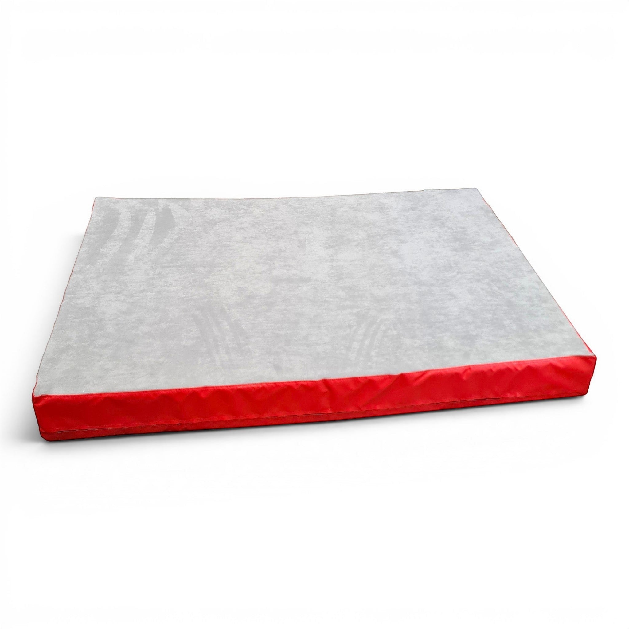 UK Gym Pits Splat Mat with a soft grey jersey fabric top and red heavy-duty PVC sides for gymnastics and tumbling.