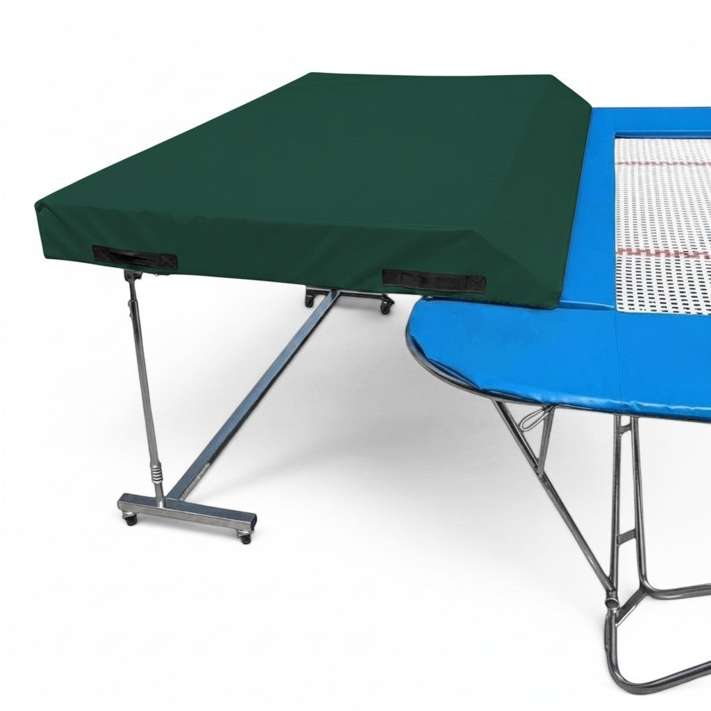 UK Gym Pits standard spotting end deck with a green wedged safety mat attached to a trampoline frame