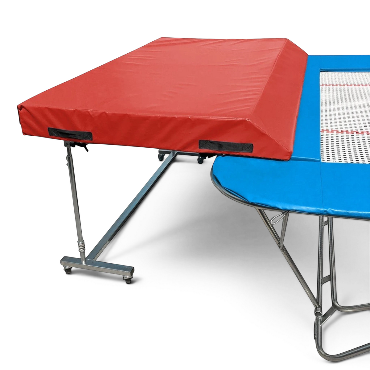 UK Gym Pits standard spotting end deck with red safety mat attached to a blue trampoline frame