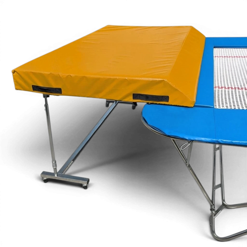 UK Gym Pits international spotting end deck with yellow safety mat attached to a blue trampoline frame