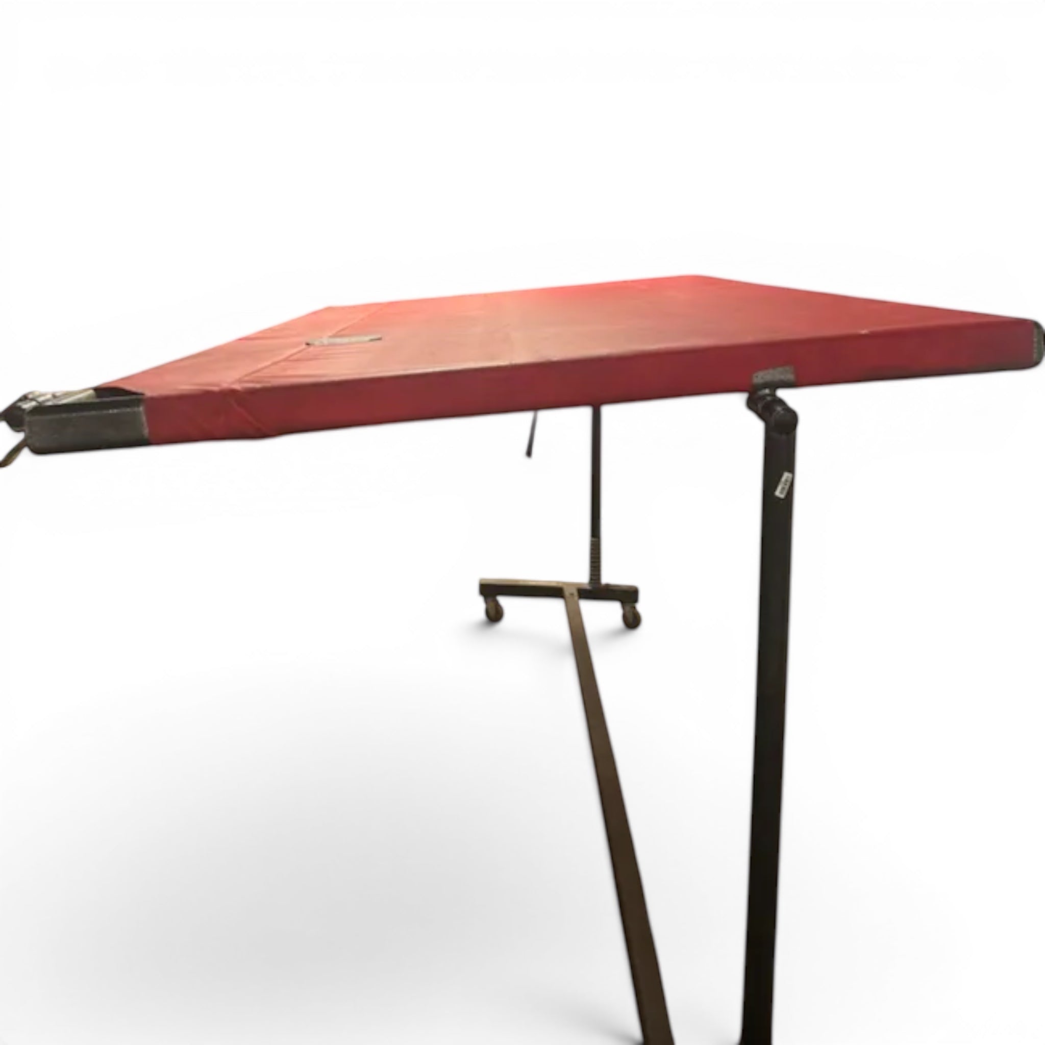 UK Gym Pits Continental international spotting end deck with red padded surface and black adjustable frame in workshop