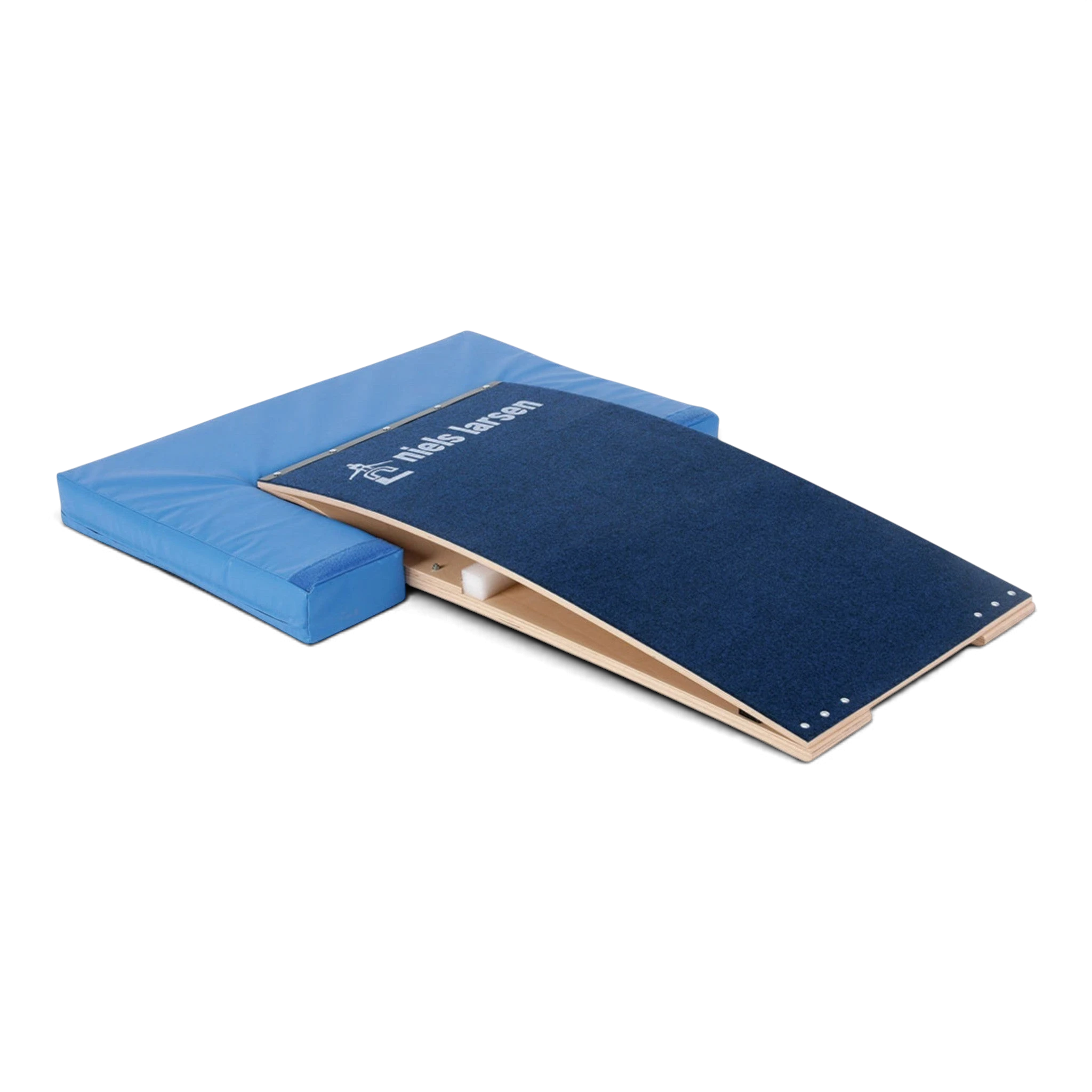 UK Gym Pits blue foam springboard surround attached to a gymnastics springboard for safety and impact protection