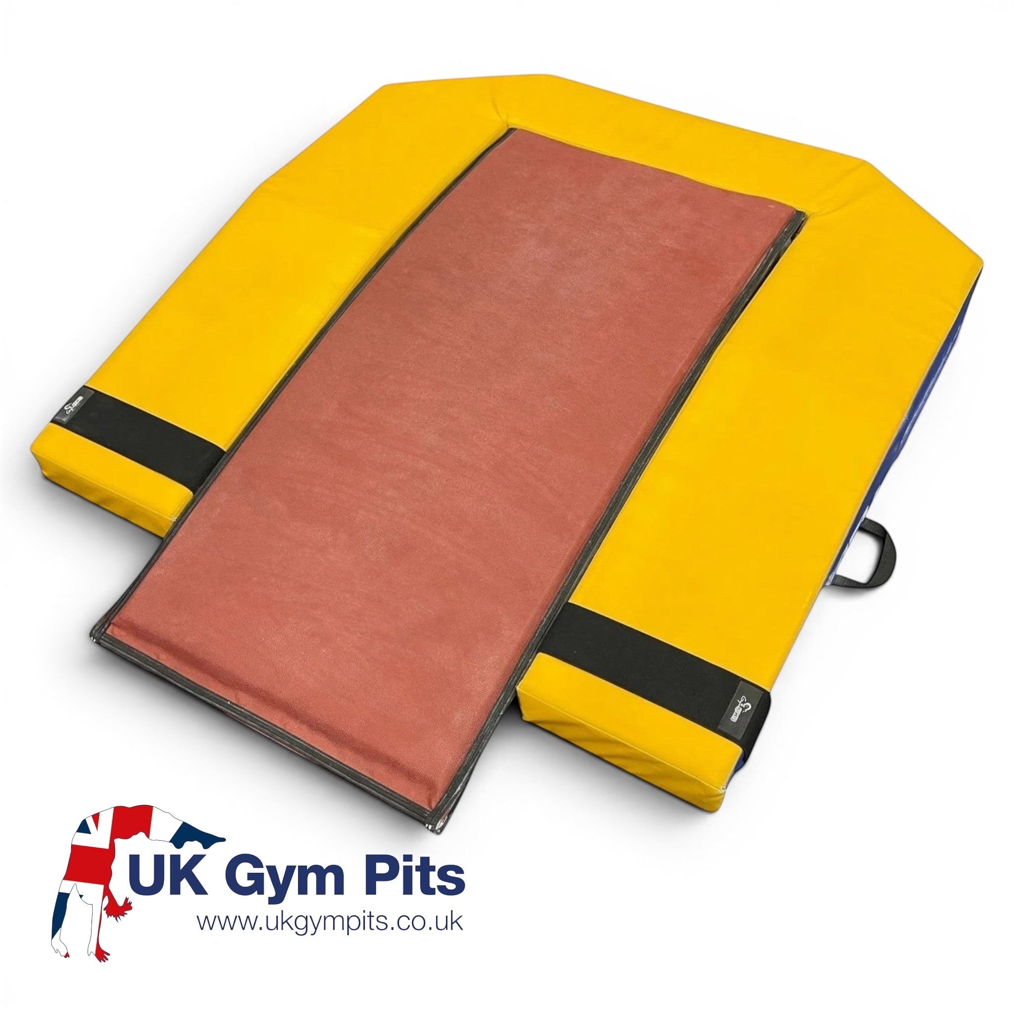 UK Gym Pits board band securing a yellow springboard surround around a red vault springboard for gymnastics safety