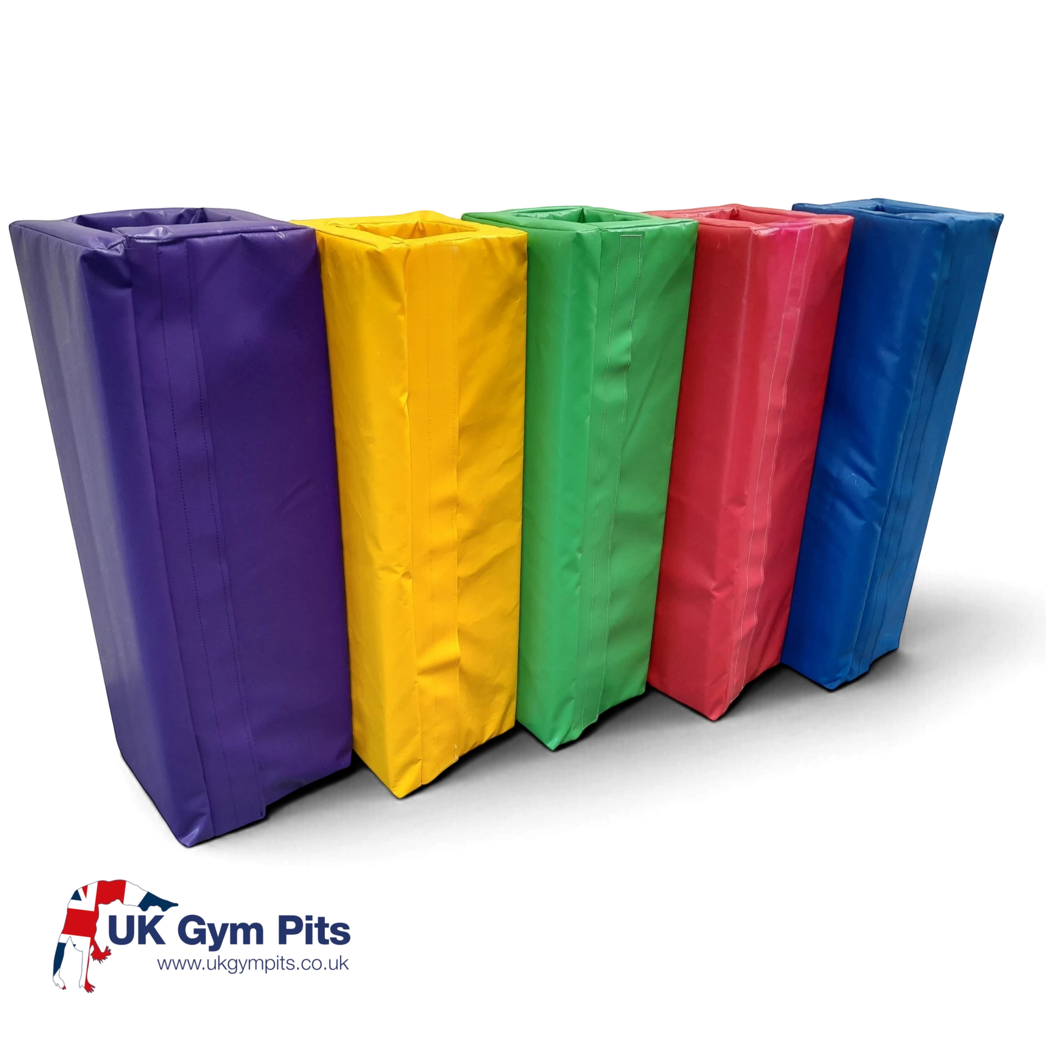 UK Gym Pits square foam post protectors in purple, yellow, green, red, and blue PVC for gym safety.