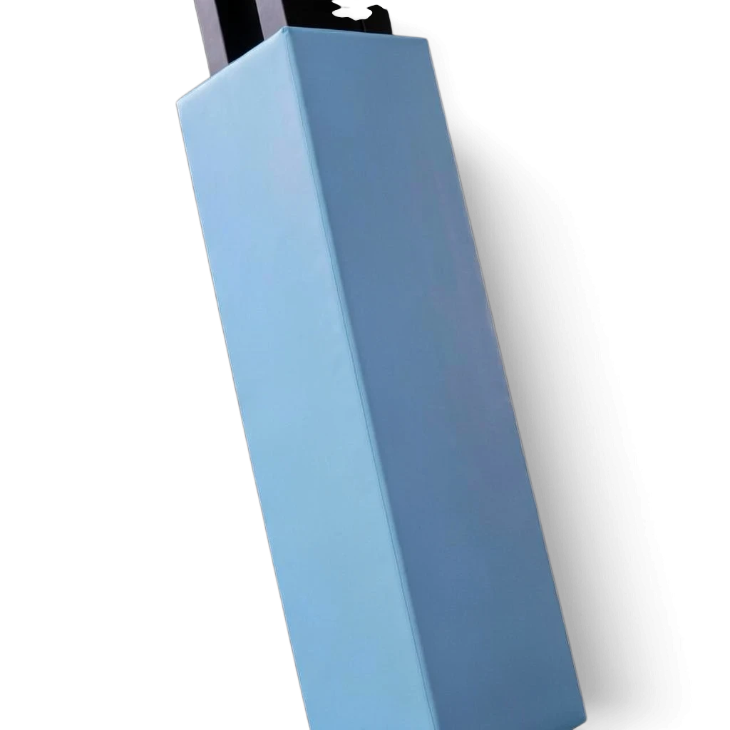 UK Gym Pits light blue square post protector with shock-absorbing foam and durable PVC cover for gym safety.