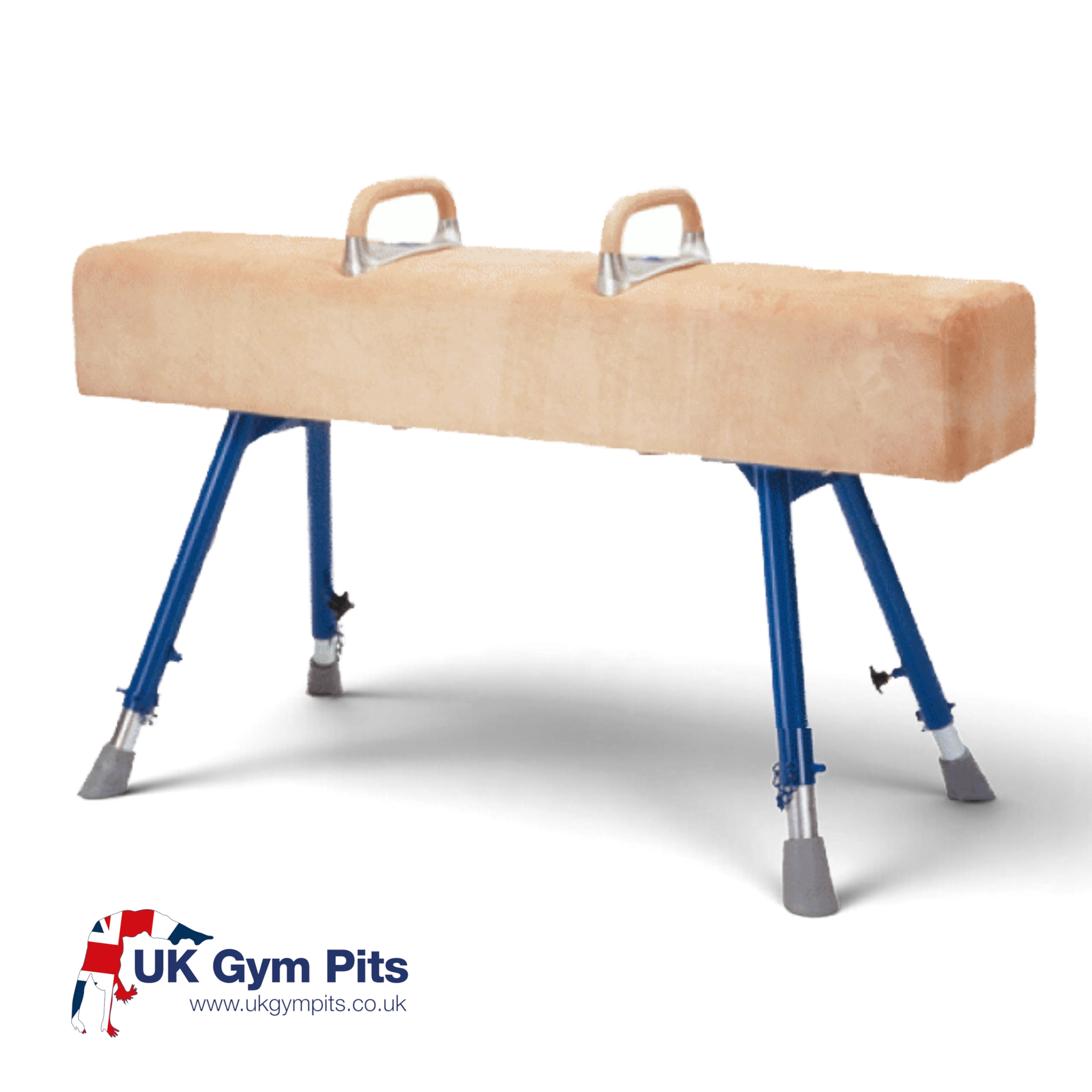 UK Gym Pits square ended vaulting horse with natural hide padding, removable pommels, and adjustable blue steel legs.