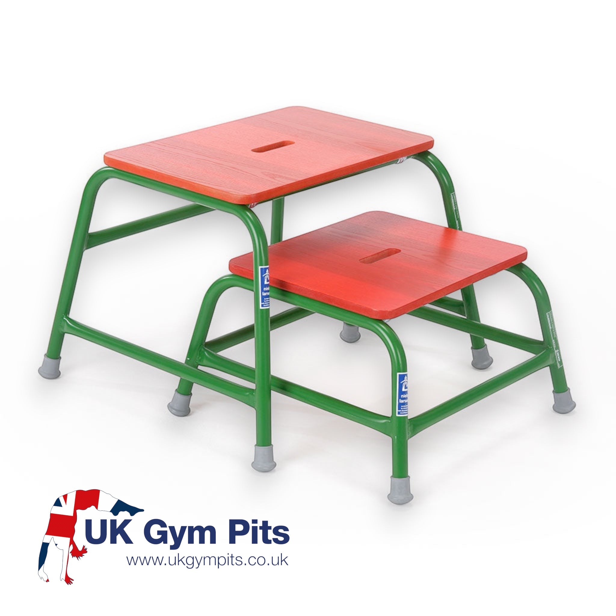 UK Gym Pits stackable agility stools with green powder-coated steel frames and red timber tops for gym exercises.