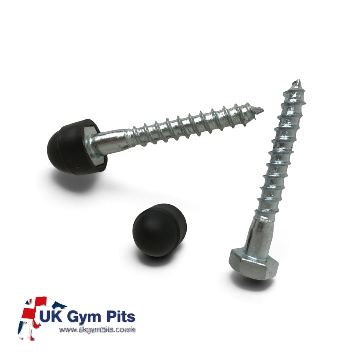 UK Gym Pits M10 x 70mm stainless steel coach bolts with optional black plastic caps for handrail base plates