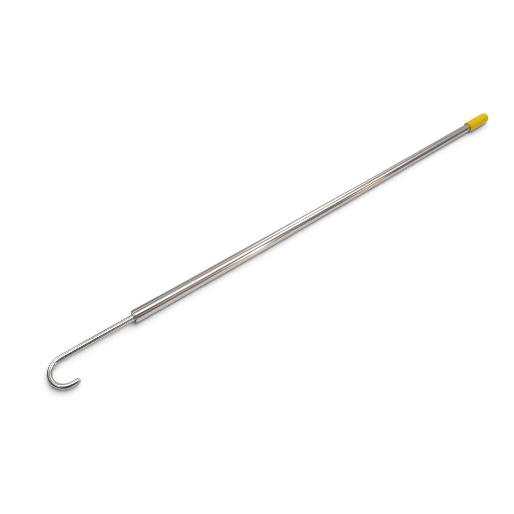 UK Gym Pits stainless steel gymnastics ring hook with a yellow end cap for safe ring placement and access