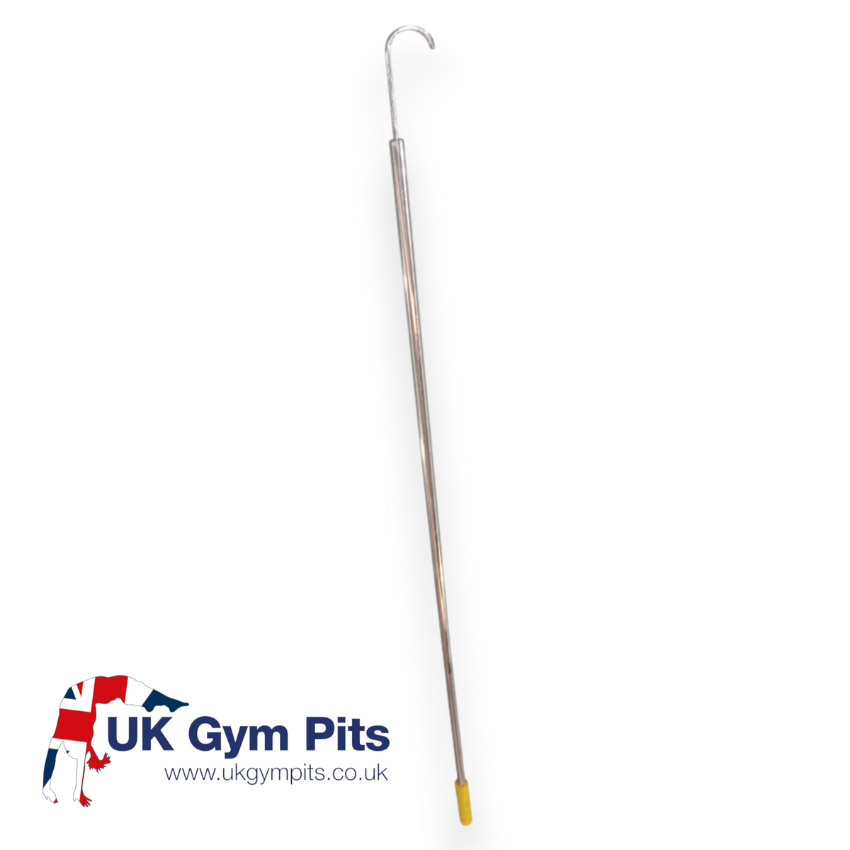 UK Gym Pits stainless steel gymnastics ring hook for safe ring access and storage, 1.8m long with a yellow end cap.