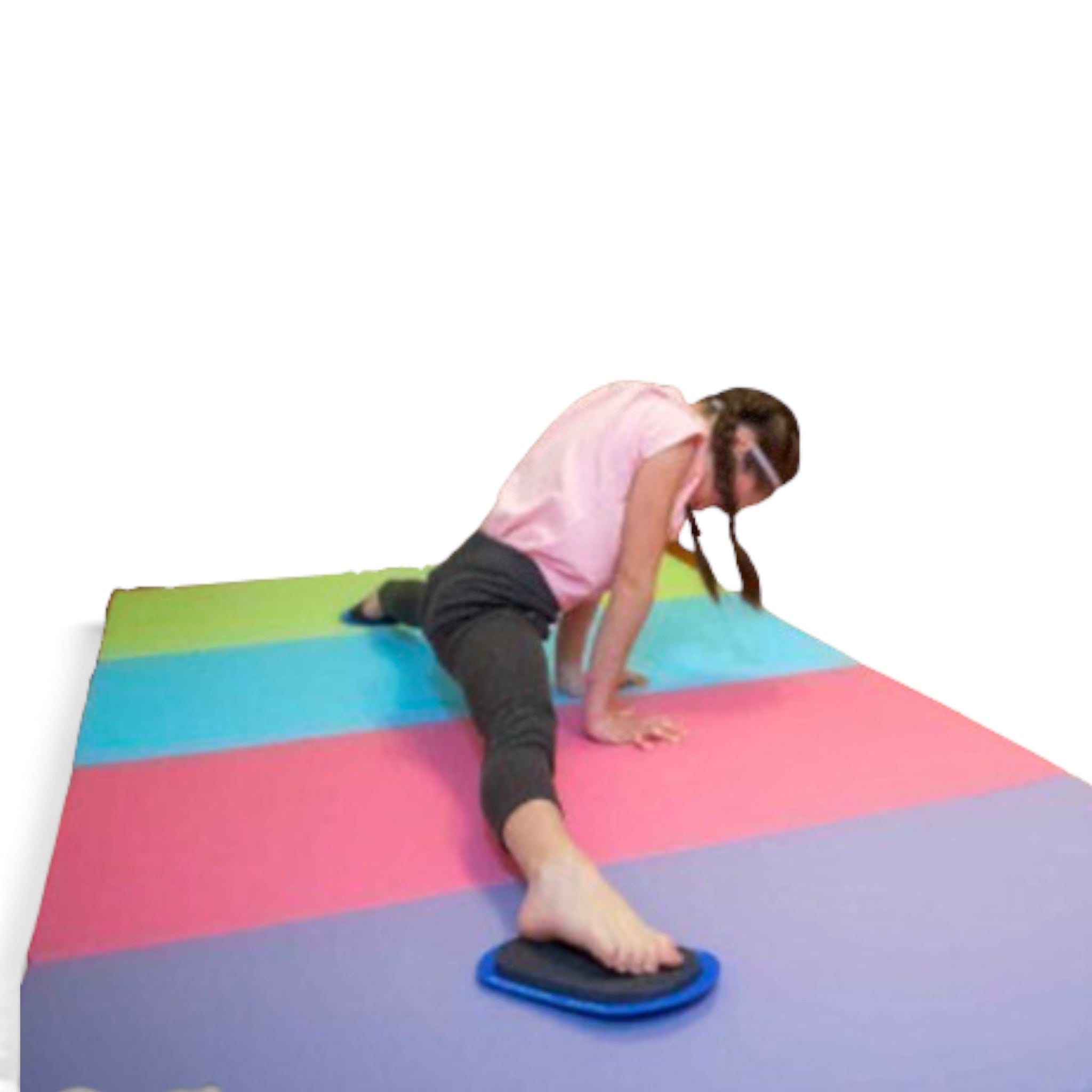 UK Gym Pits standard conditioning slider in royal blue and charcoal used by a gymnast for flexibility training