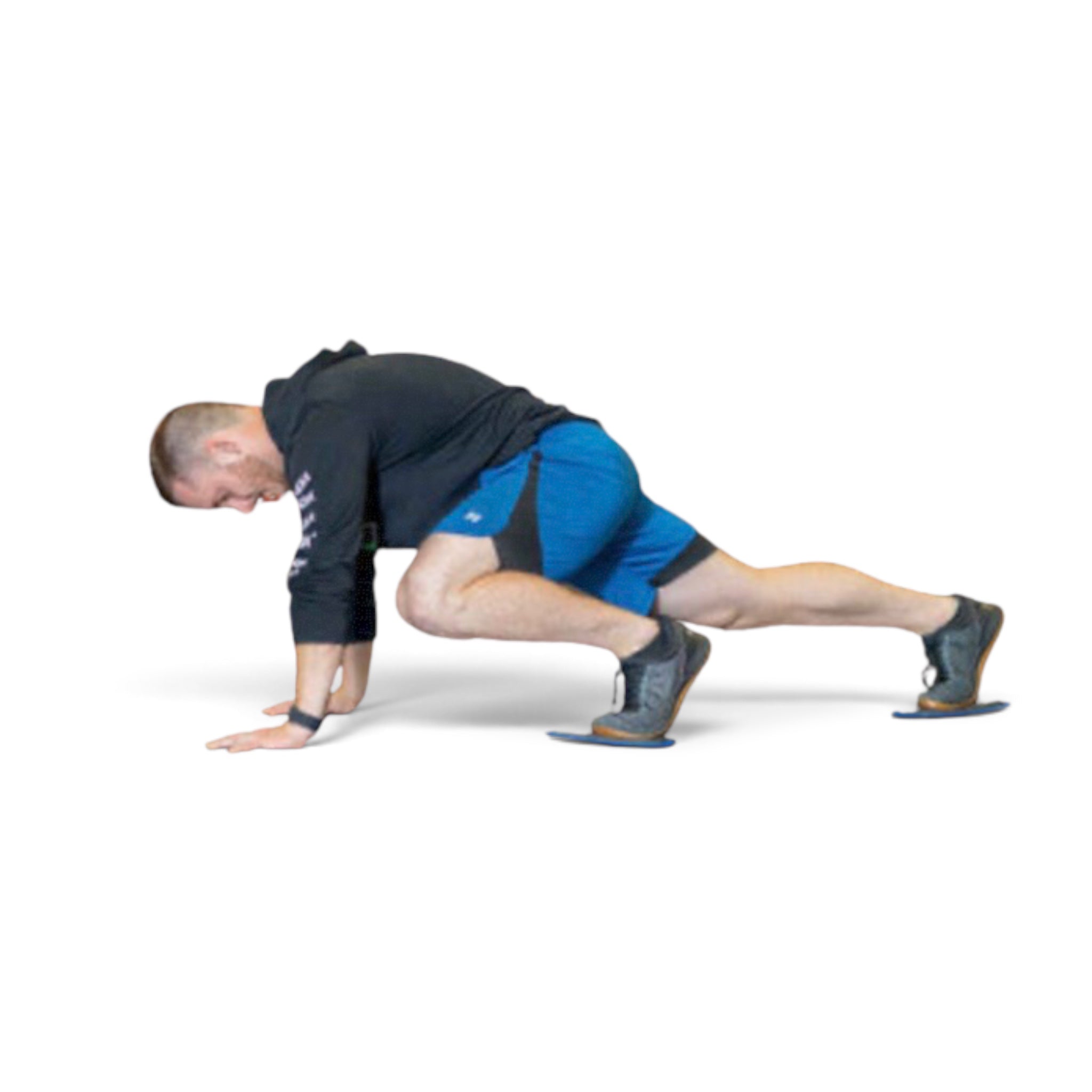 A man performing a mountain climber exercise using UK Gym Pits royal blue and charcoal standard conditioning sliders.
