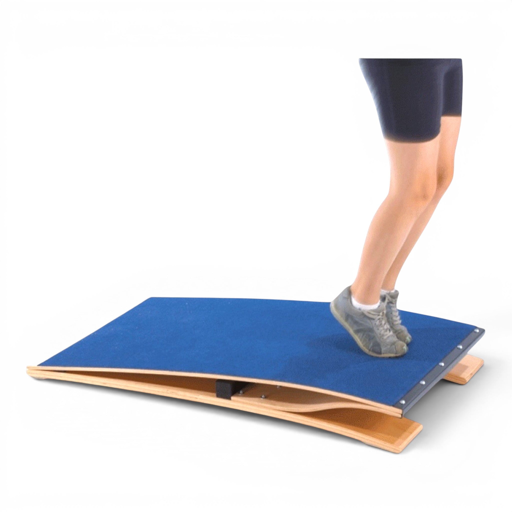UK Gym Pits standard gymnastics springboard with blue antimicrobial carpet surface and birch ply base in use