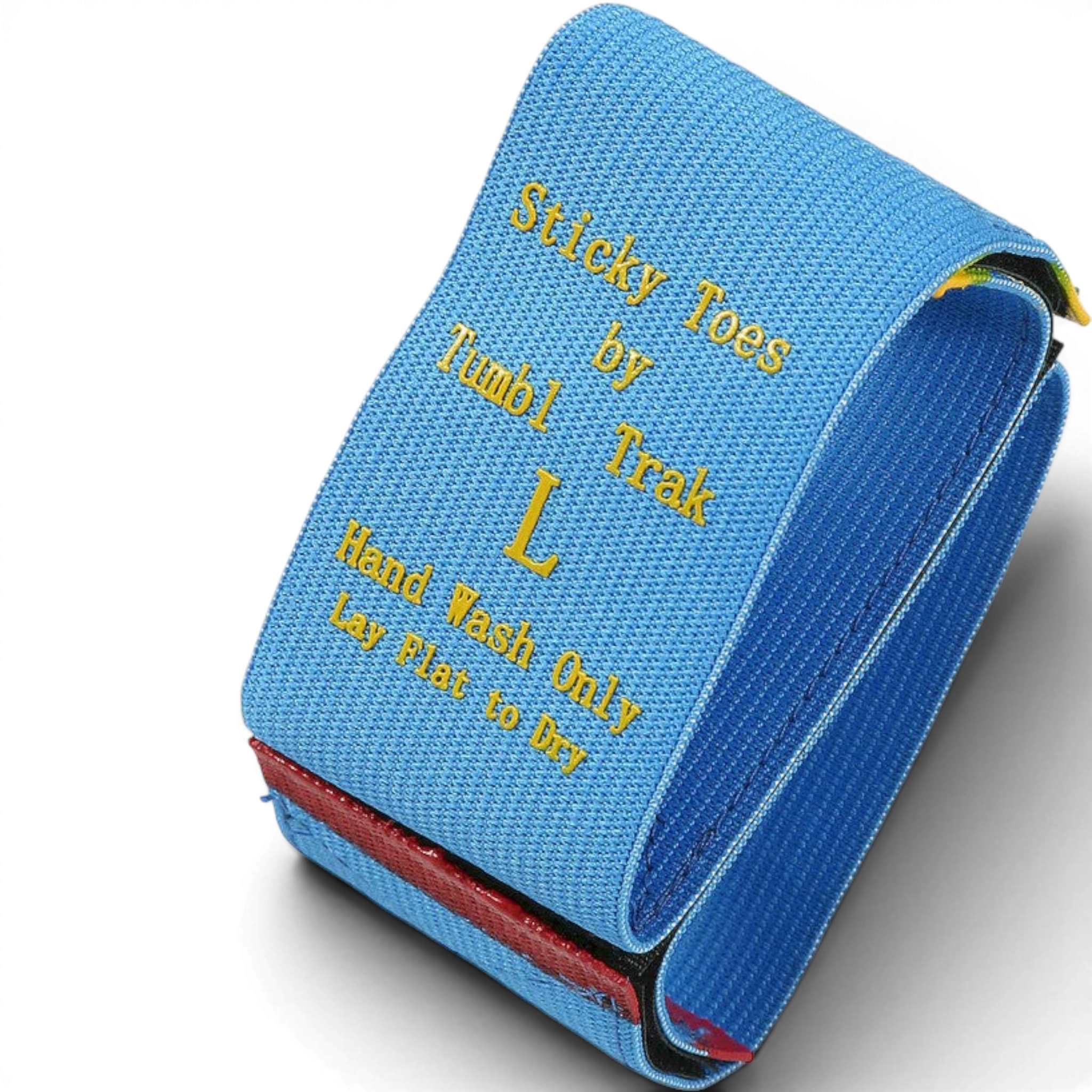 UK Gym Pits blue Sticky Toes gymnastics training strap with yellow embroidery for left foot positioning