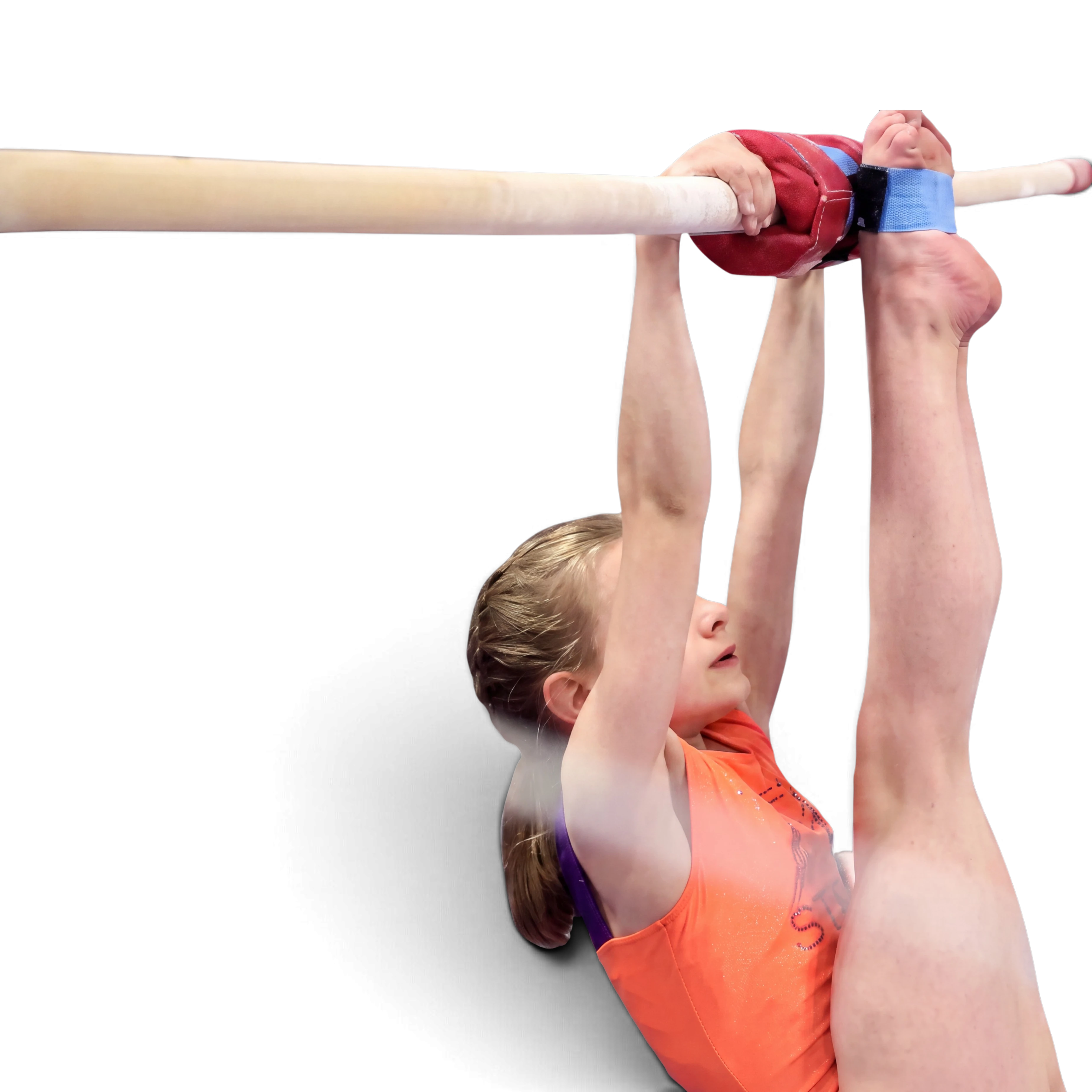UK Gym Pits gymnast using sticky toes training aid on a bar to keep feet together during a skill