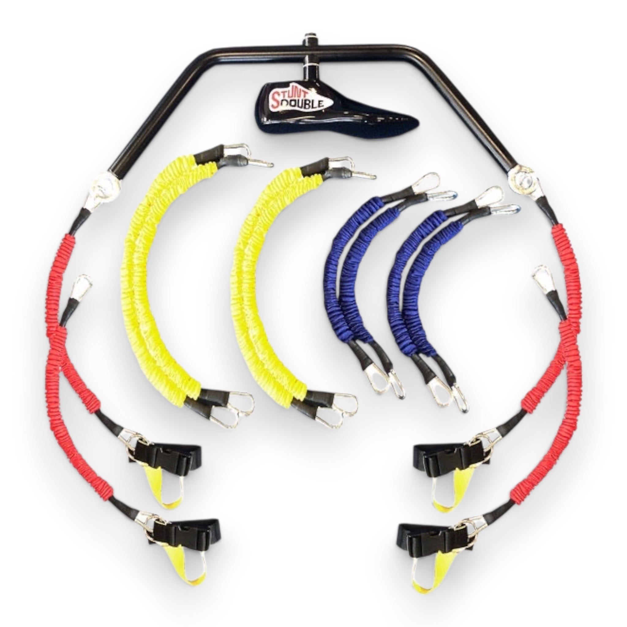 UK Gym Pits Stunt Double cheerleading trainer with steel crossbar, swivel foot, and multi-colored resistance bungees.