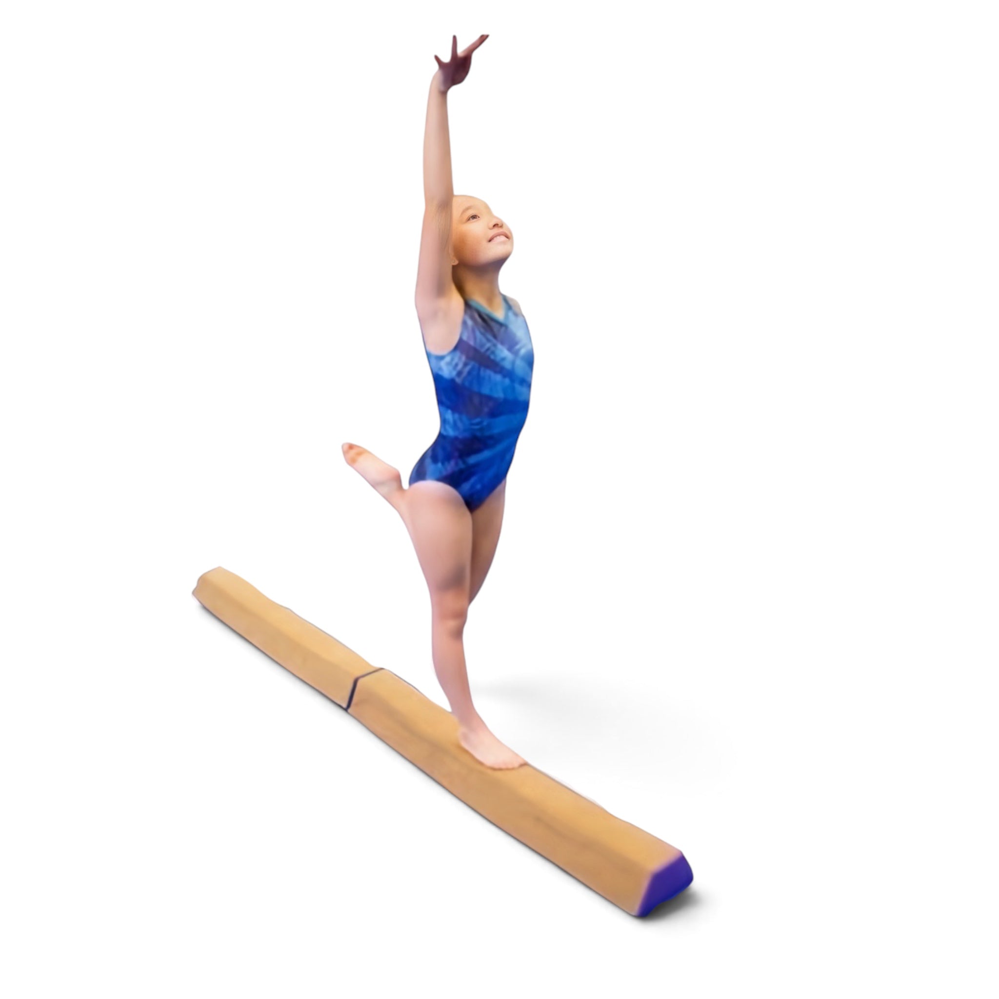 UK Gym Pits sectional suede balance beam with a young gymnast practicing a pose on the 1.2m training equipment