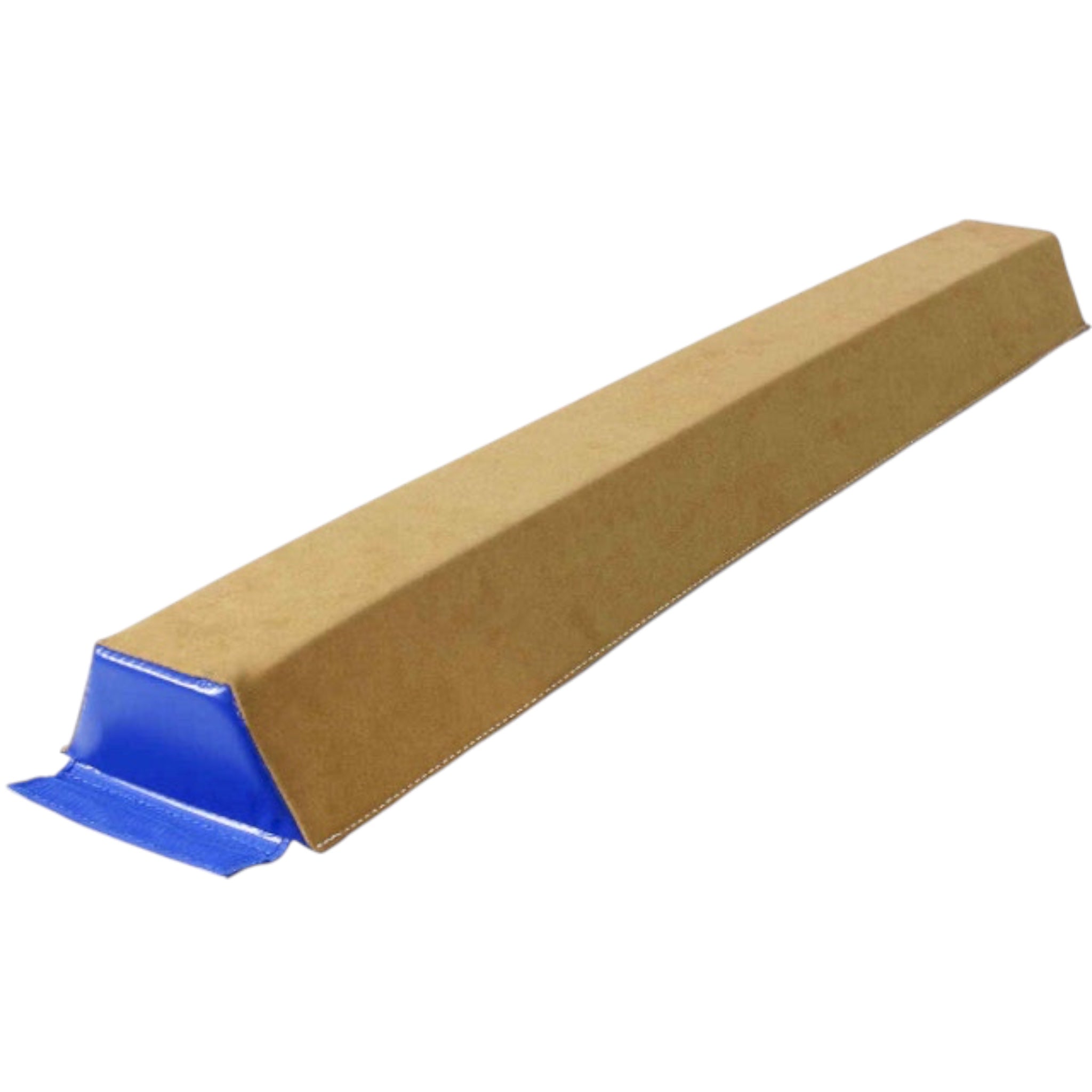 UK Gym Pits sectional balance beam with tan suede top and blue ends for gymnastics training at home or in the gym.