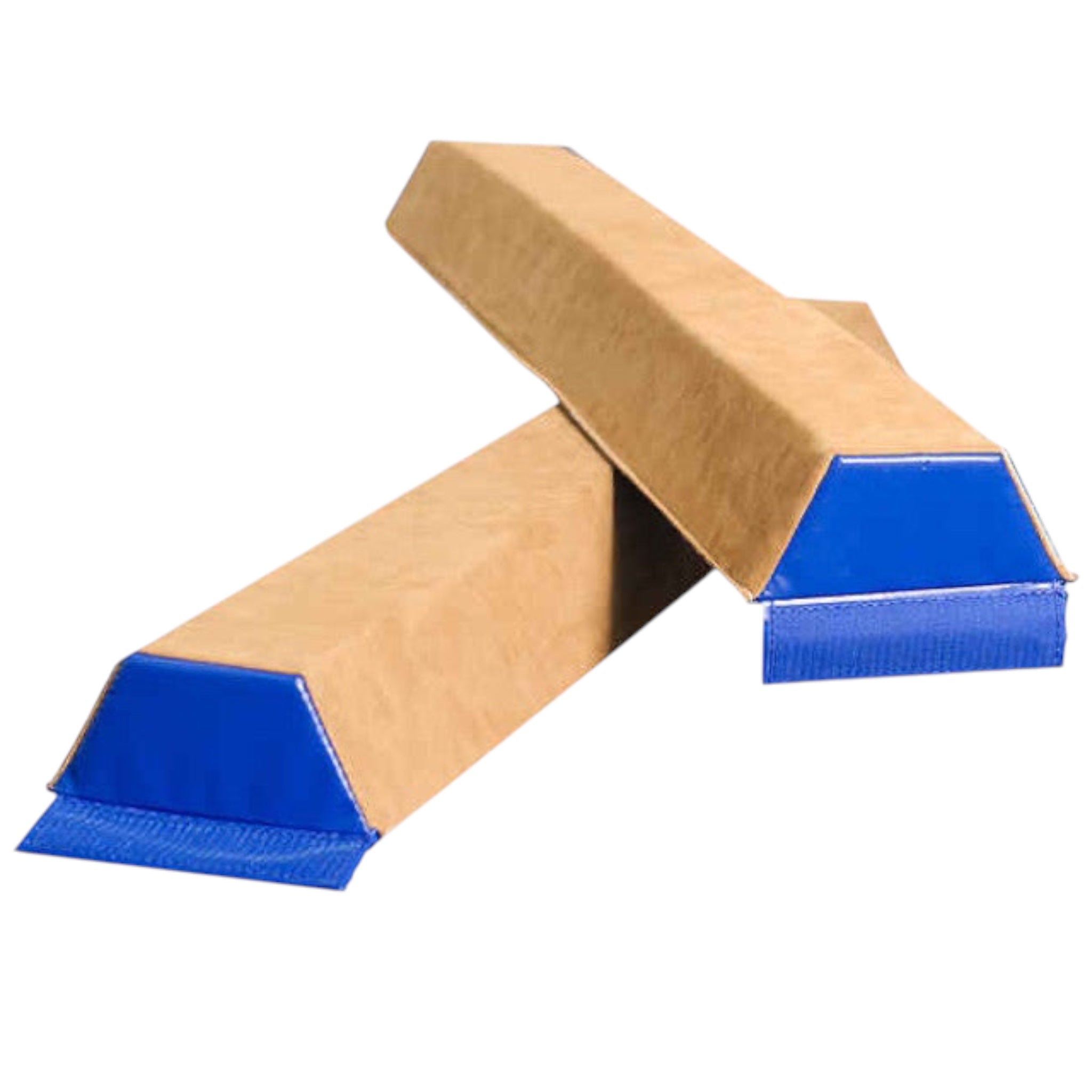 UK Gym Pits sectional balance beam with tan suede top and blue ends, featuring Velcro connectors for gymnastics.