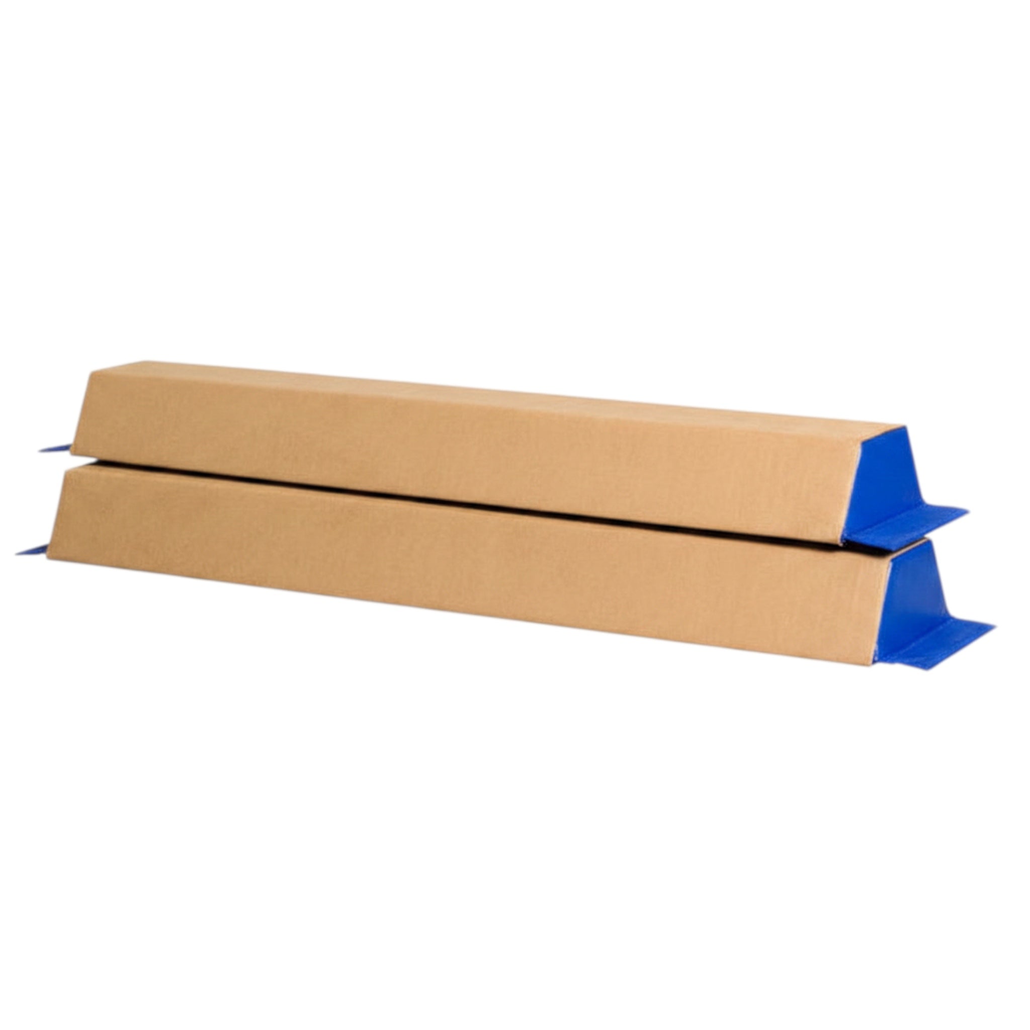 UK Gym Pits sectional balance beam set with tan suede surface and blue ends for gymnastics training at home