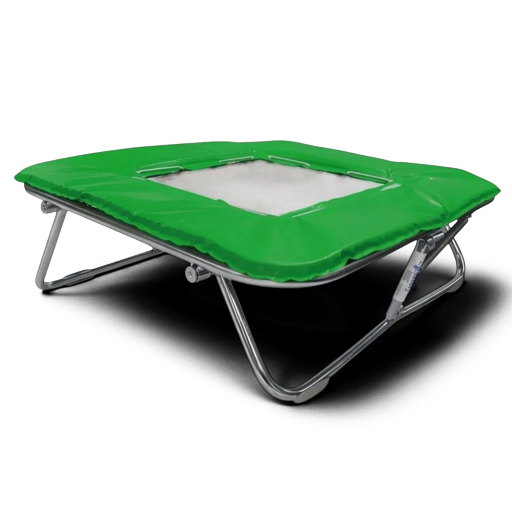 UK Gym Pits super mini tramp with a solid super-mesh bed and green protective frame pads on a zinc-plated frame.