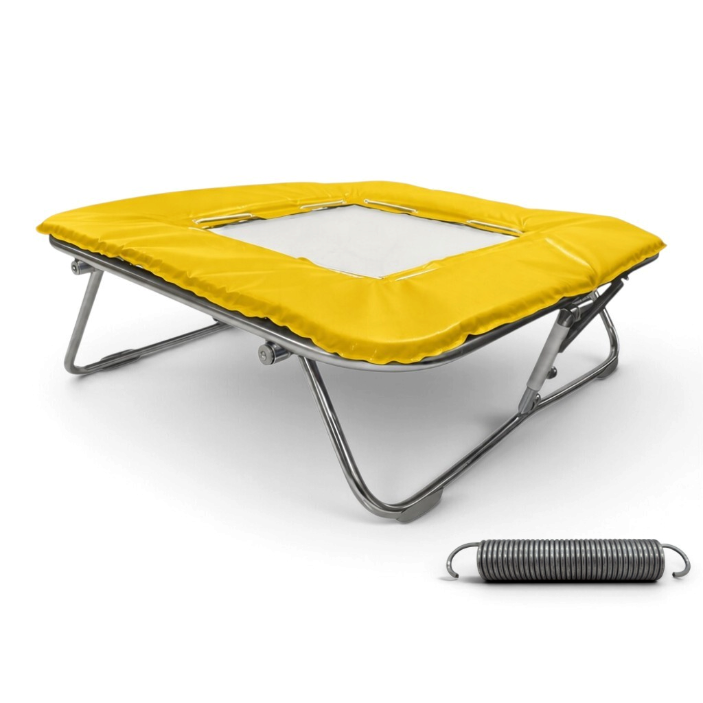 UK Gym Pits super mini trampoline with a solid super-mesh bed, yellow frame pads, and a high tensile steel spring.