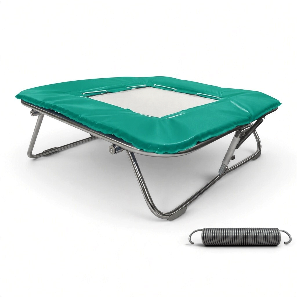 UK Gym Pits Super Mini Tramp with a solid super-mesh bed, teal frame pads, and a high tensile steel spring.