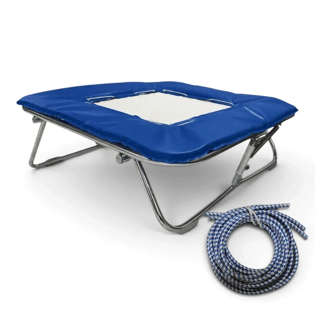 UK Gym Pits super mini trampoline with a solid white super-mesh bed, blue frame pads, and included rubber cables.