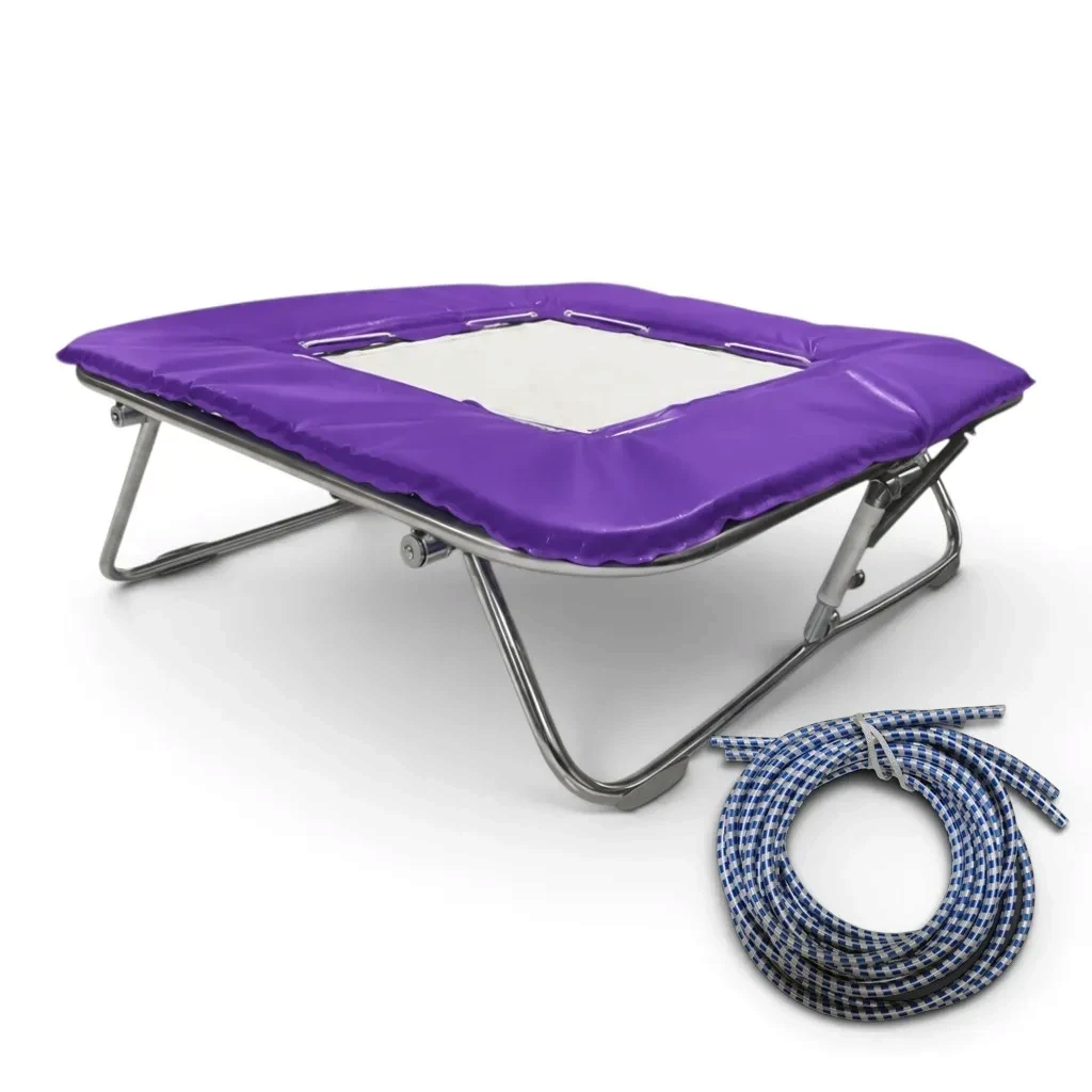 UK Gym Pits super mini trampoline with a solid white mesh bed, purple frame pads, and blue rubber tension cables.