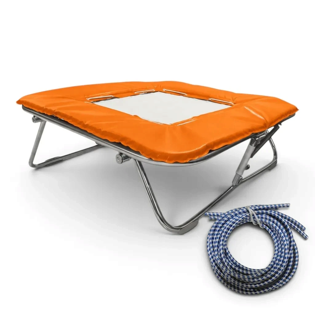 UK Gym Pits Super Mini Tramp with orange frame pads, solid super-mesh bed, and blue-white bungee cable