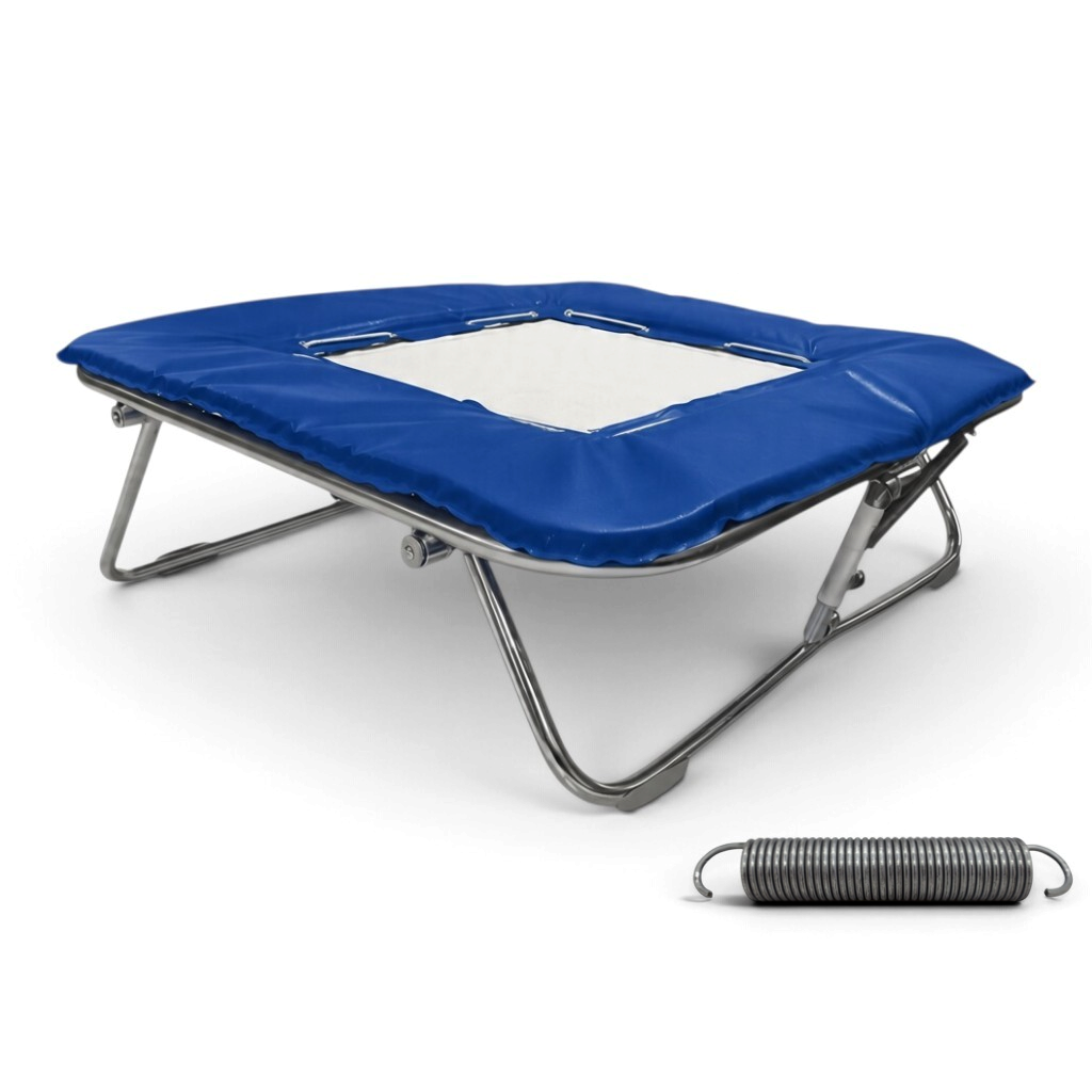 UK Gym Pits Super Mini Tramp with solid super-mesh bed, blue frame pads, and adjustable zinc-plated steel frame.