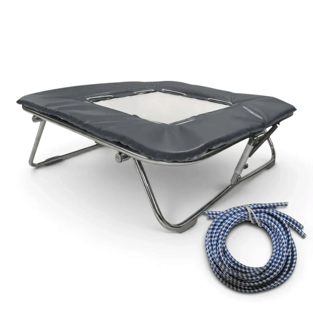 UK Gym Pits super mini trampoline with solid super-mesh bed, grey frame pads, and blue rubber tensioning cables.