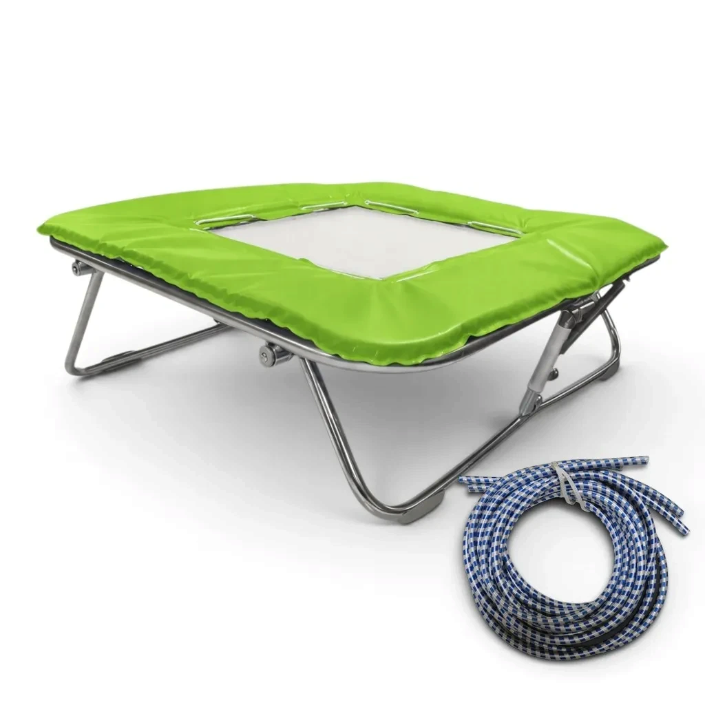 UK Gym Pits super mini tramp with solid super-mesh bed, lime green frame pads, and blue rubber tension cables.