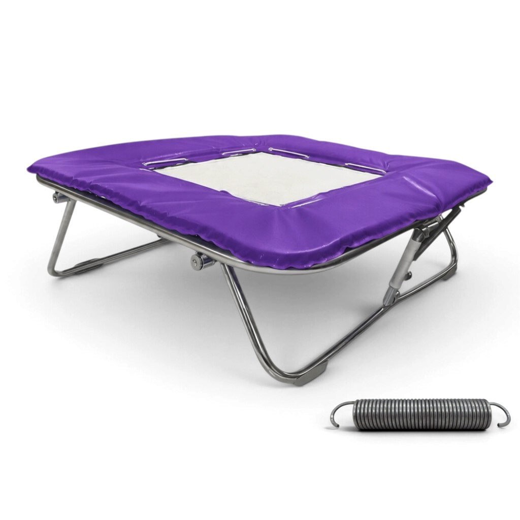 UK Gym Pits super mini trampoline with a solid super-mesh bed, purple frame pads, and a high tensile steel spring.