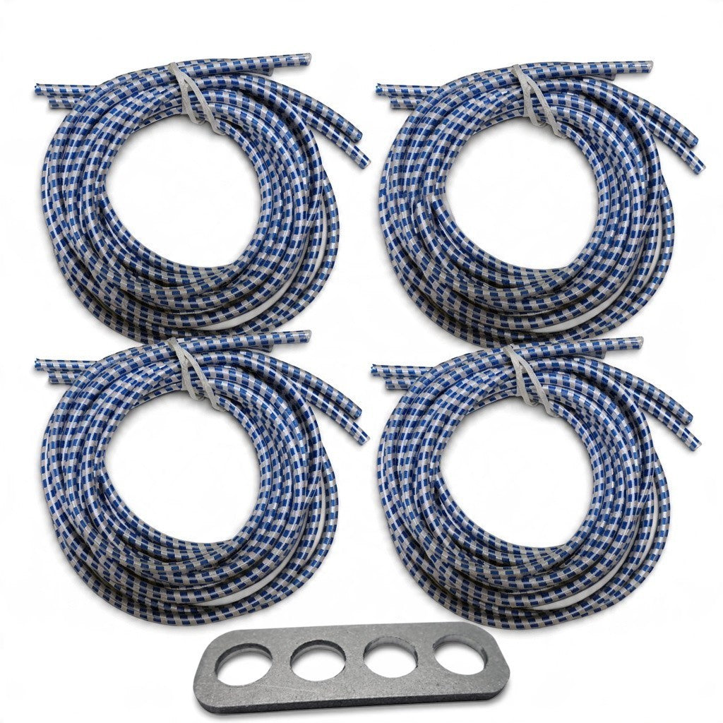 UK Gym Pits set of four blue and white shock cord rubber cables with a metal cable runner for a super mini tramp