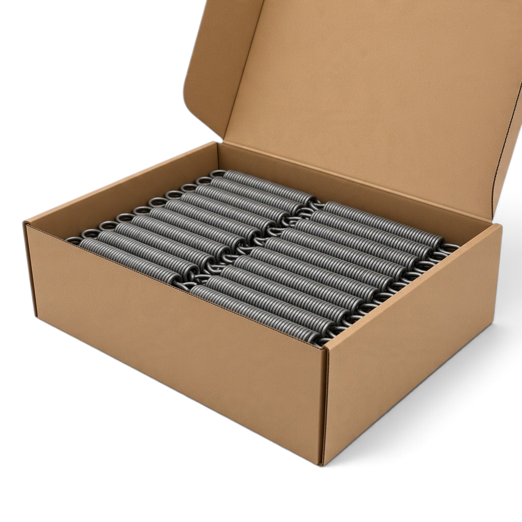 UK Gym Pits high tensile steel replacement springs for super mini trampolines packed in a cardboard box