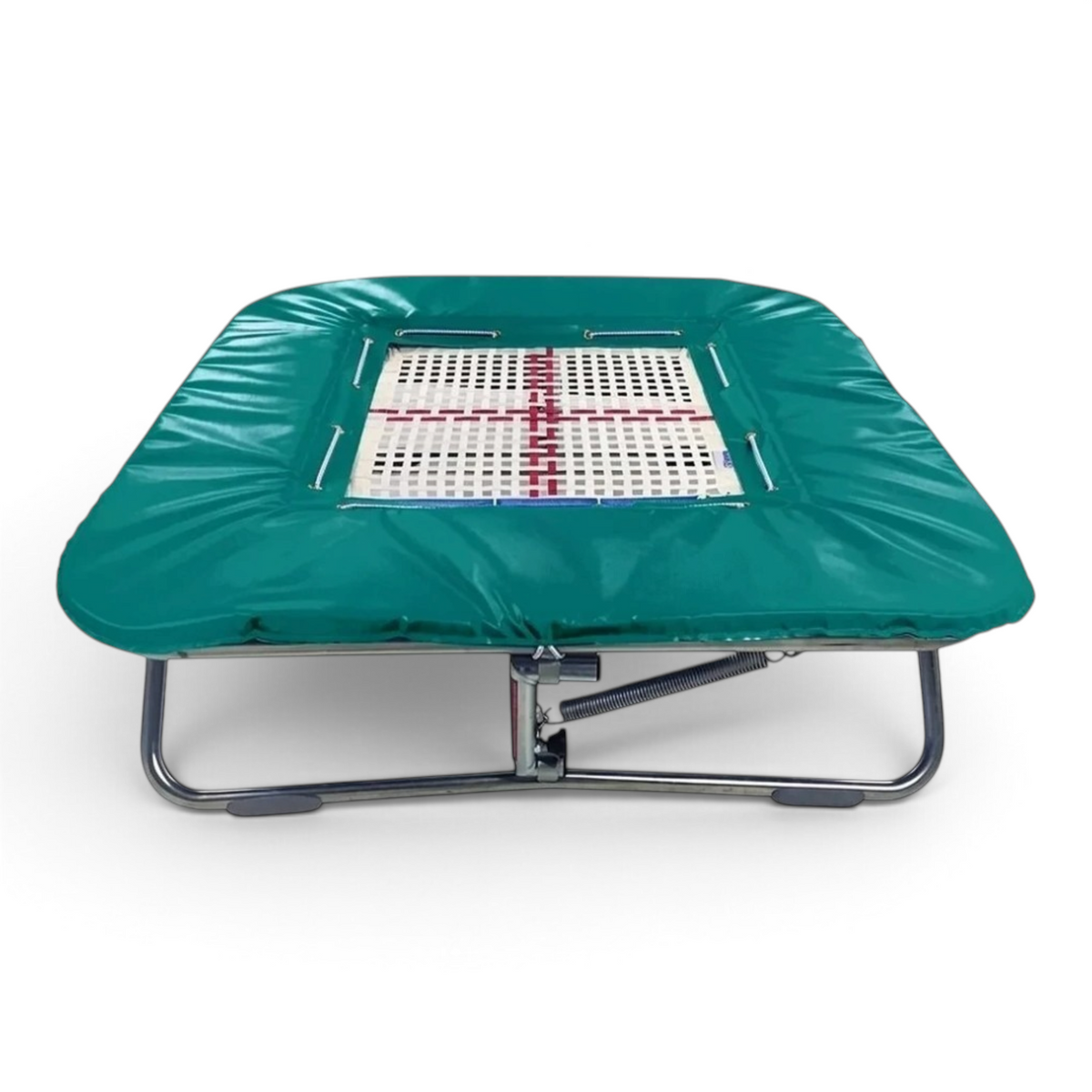 UK Gym Pits super mini tramp with a web bed and green protective frame pads on a zinc plated steel frame.