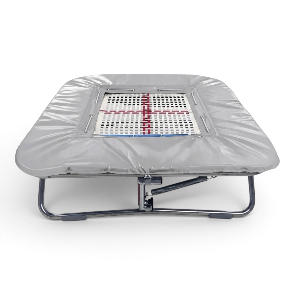 UK Gym Pits super mini trampoline with a web bed, grey frame pads, and adjustable zinc-plated steel frame.