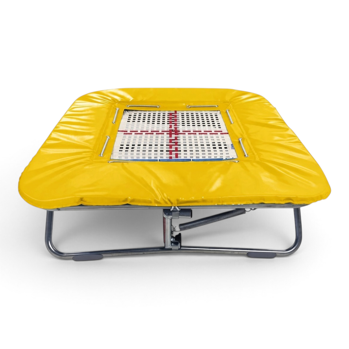 UK Gym Pits super mini trampoline with a yellow frame pad and a white web bed on a zinc plated steel frame.