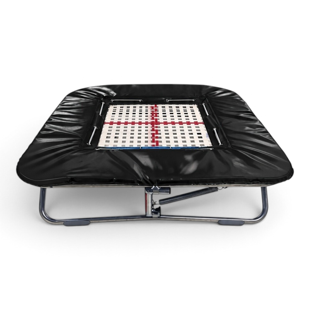 UK Gym Pits super mini trampoline with a 25mm web bed and black protective frame pads on a zinc plated steel frame.