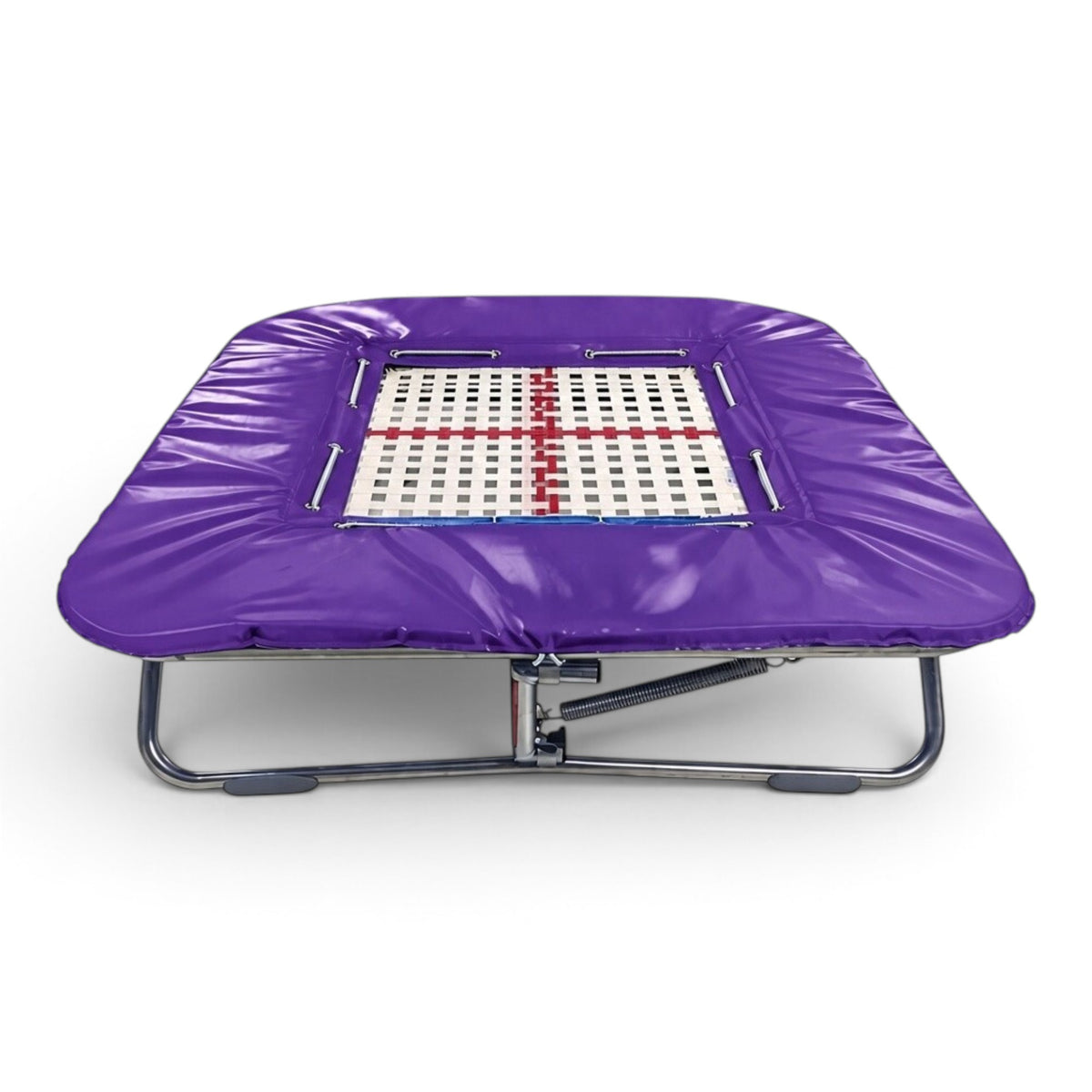 UK Gym Pits super mini trampoline with a 25mm web bed and purple protective frame pads on a zinc plated steel frame.