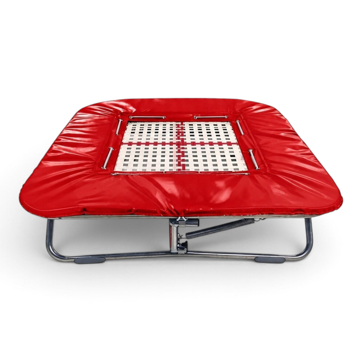 UK Gym Pits Super Mini Tramp with a 25mm web bed and vibrant red protective frame pads on a white background.