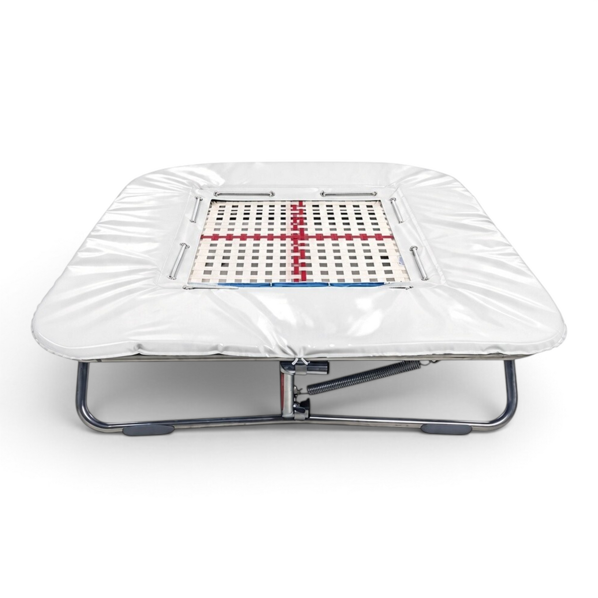 UK Gym Pits Super Mini Tramp with 25mm by 25mm web bed and white protective frame pads on a foldable steel frame.