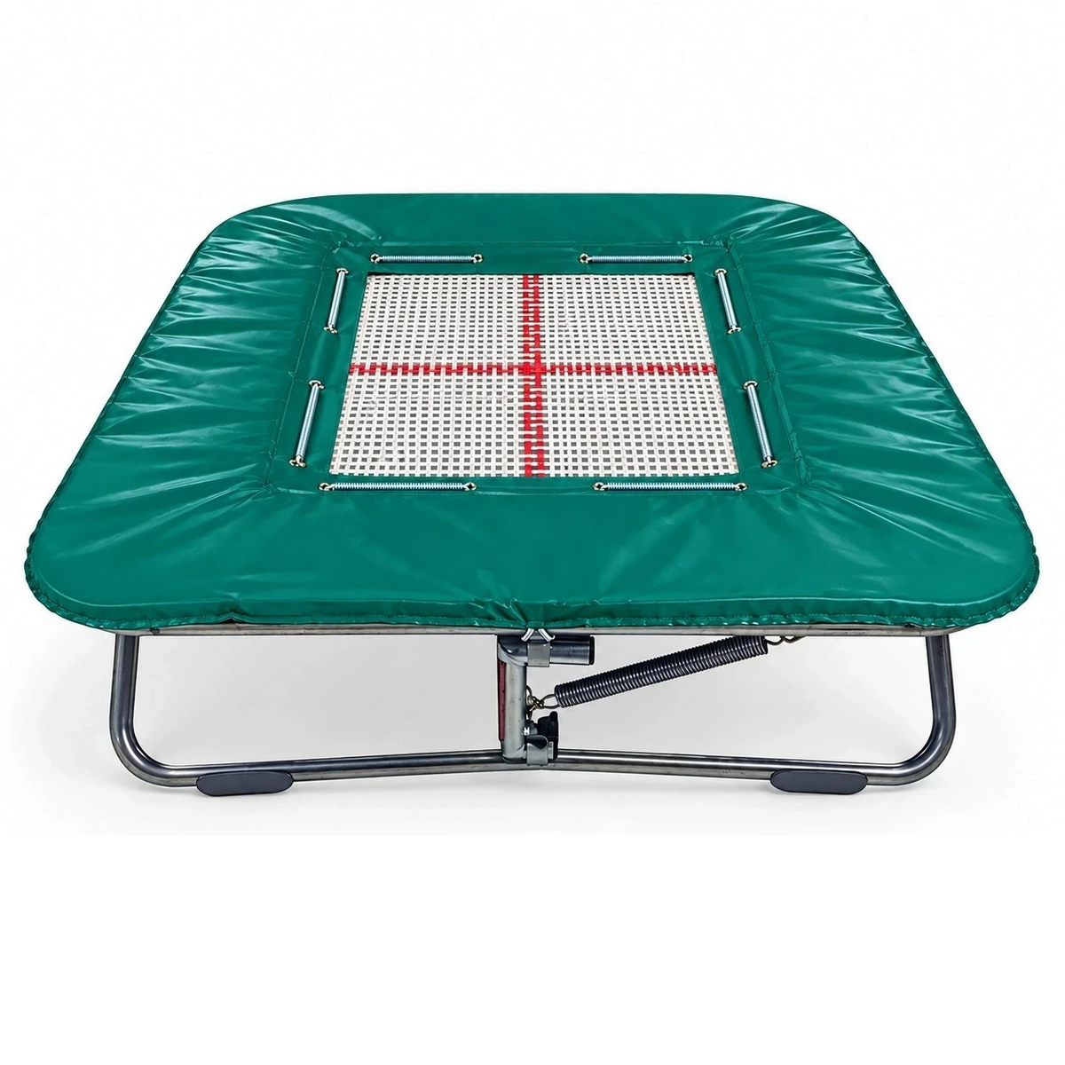 UK Gym Pits super mini tramp with green frame pads and a white web bed featuring a red cross design