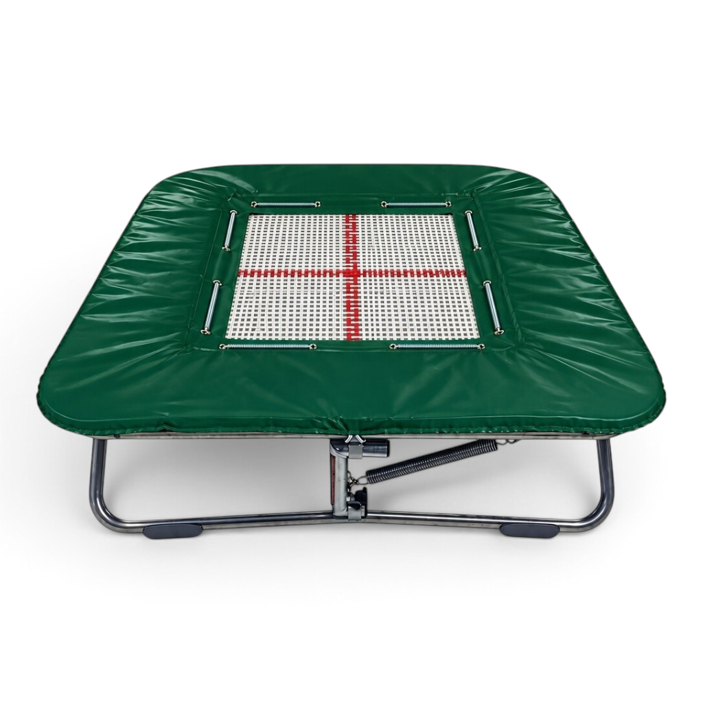 UK Gym Pits super mini trampoline with a white web bed, green frame pads, and adjustable zinc-plated steel frame.