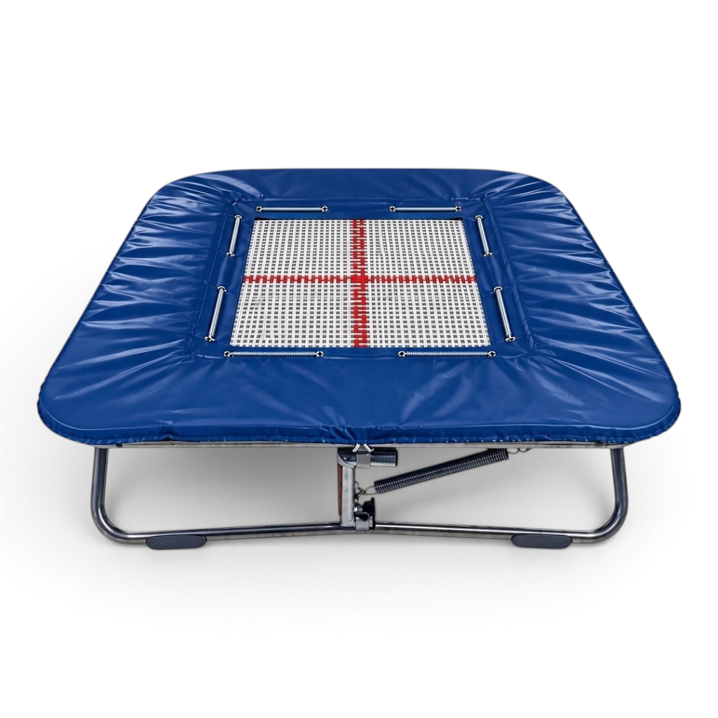 UK Gym Pits super mini tramp with a white web bed, high tensile steel springs, and blue protective frame padding.