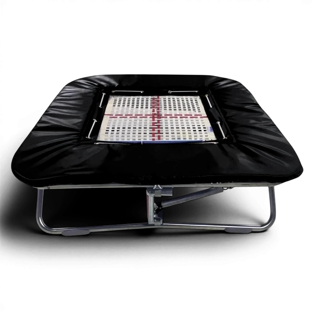 UK Gym Pits super mini tramp with a web bed, black frame pads, and adjustable zinc plated steel frame.
