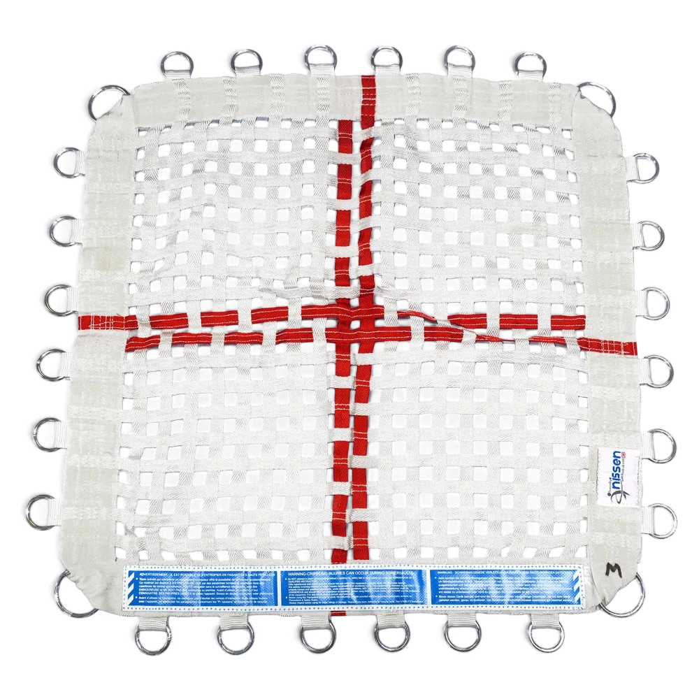 UK Gym Pits replacement web bed for super mini tramp with white webbing and red cross-shaped center marker