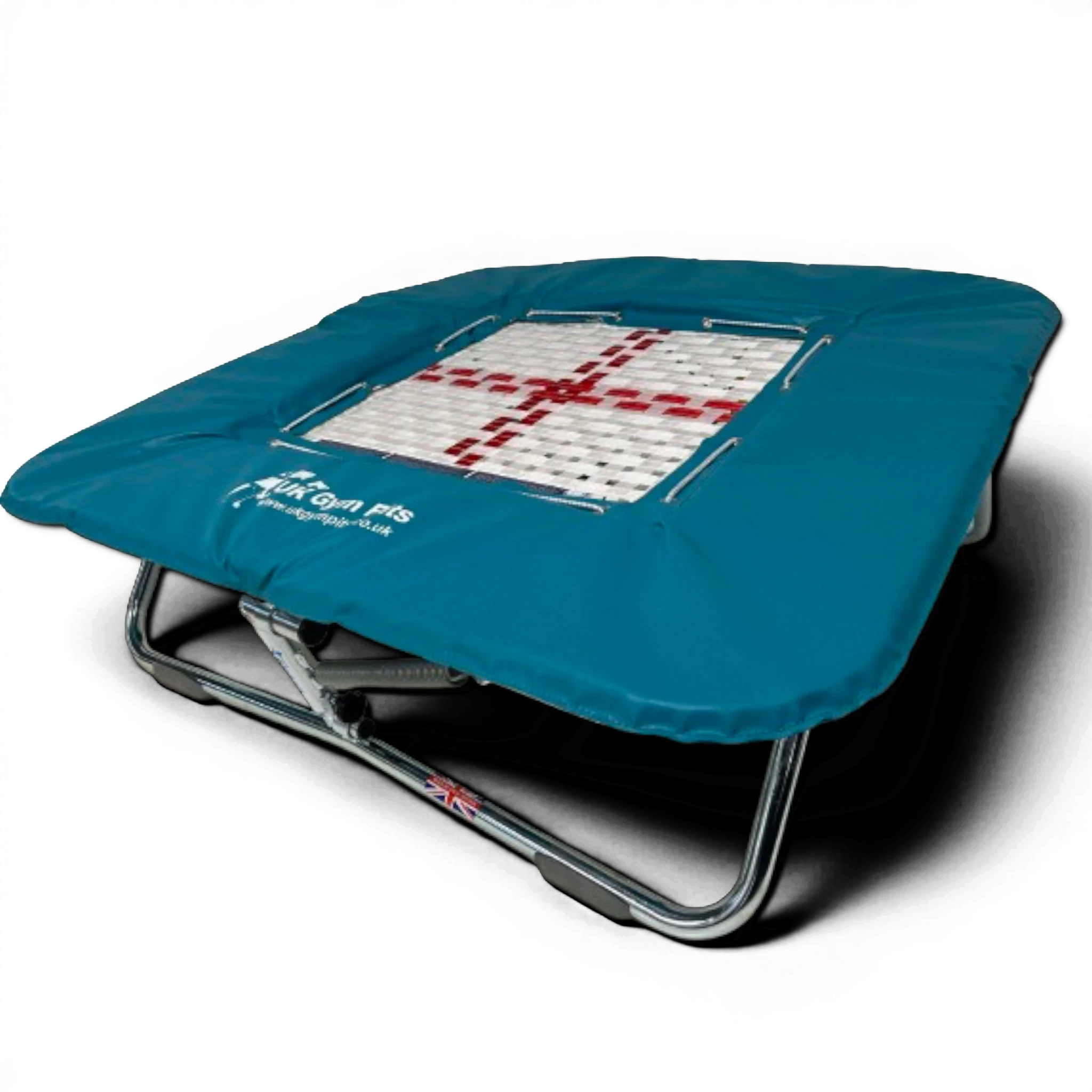 UK Gym Pits super mini tramp with teal frame pads and a white web bed featuring a red cross design.