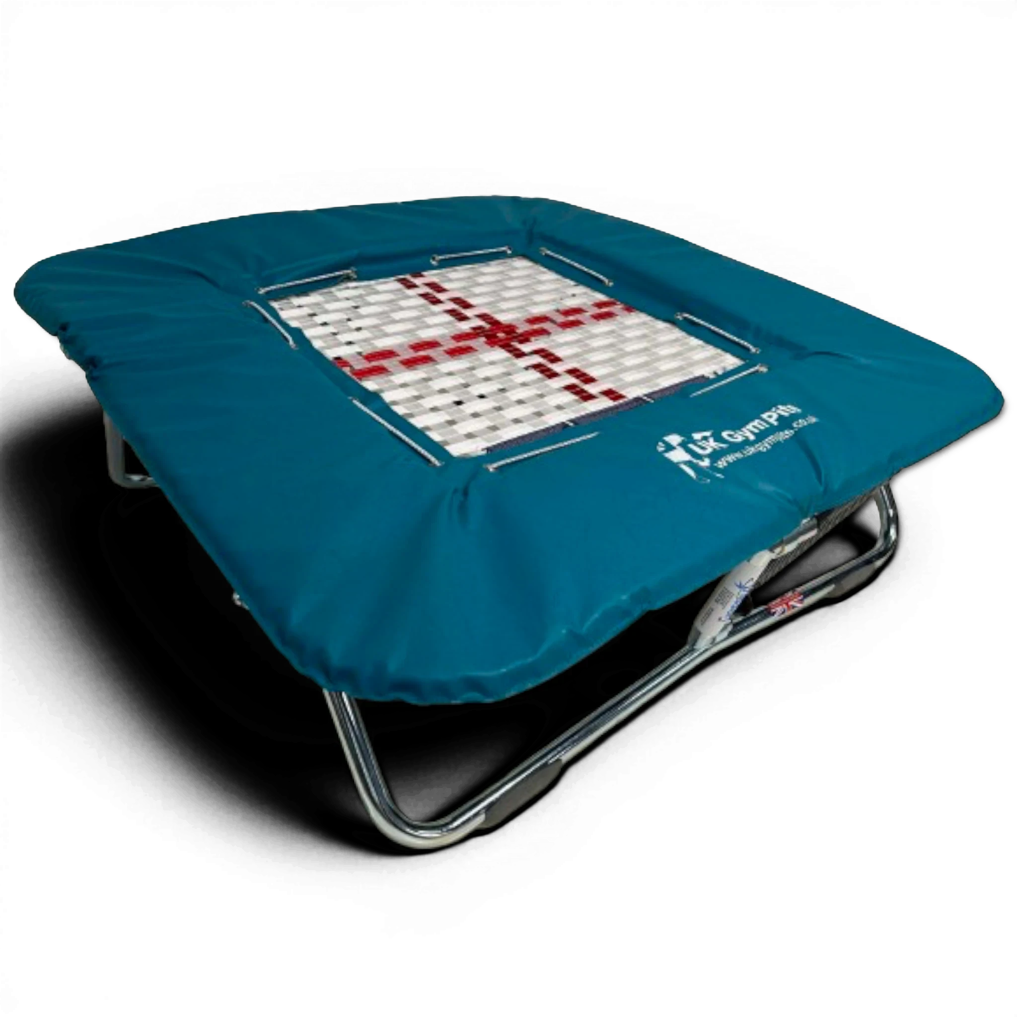 UK Gym Pits super mini trampoline with a web bed and teal protective frame pads on a black background.
